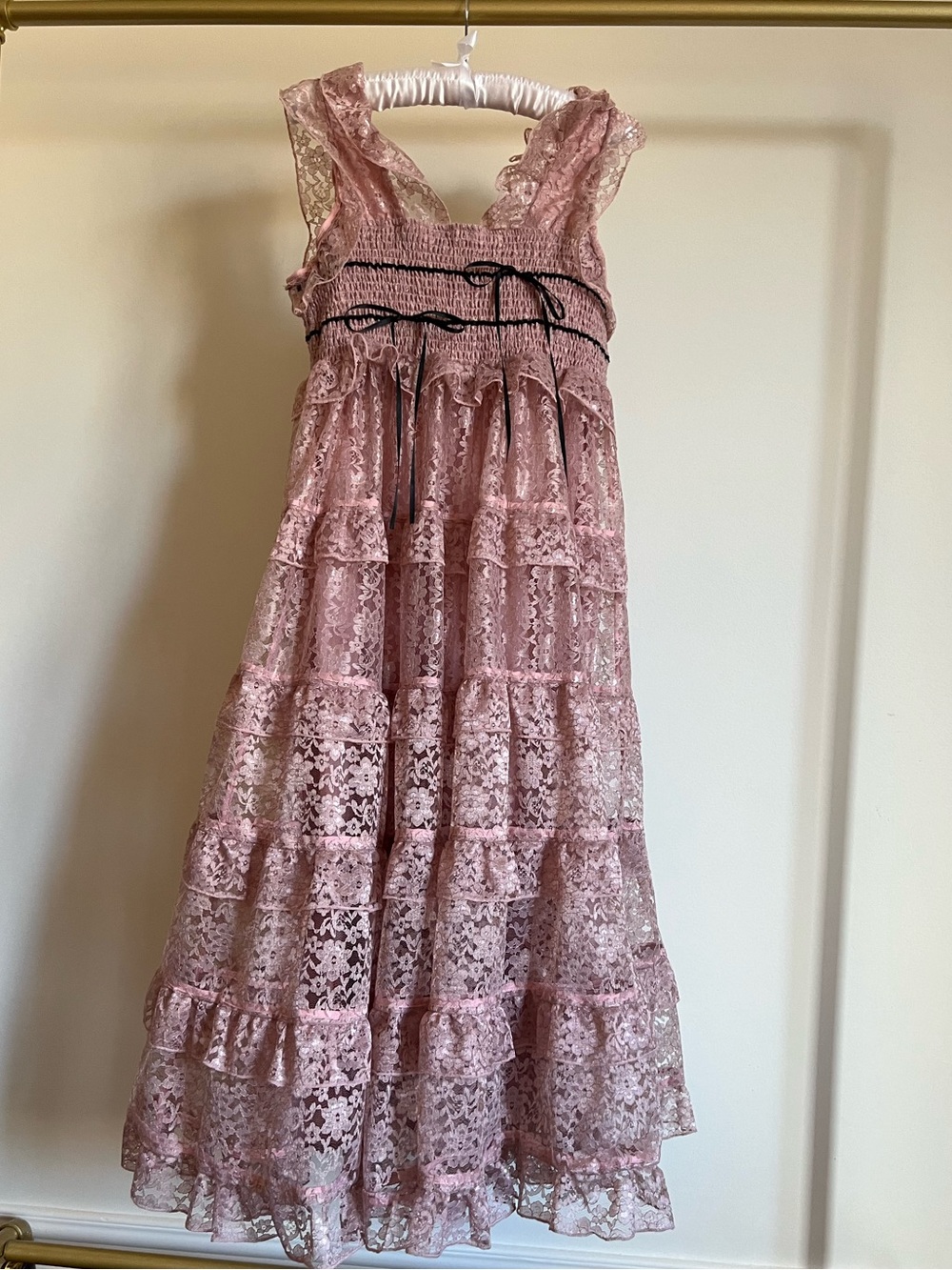 Sister Jane DREAM Pink Lace Tiered Midi Dress Smocked Coquette Boho L